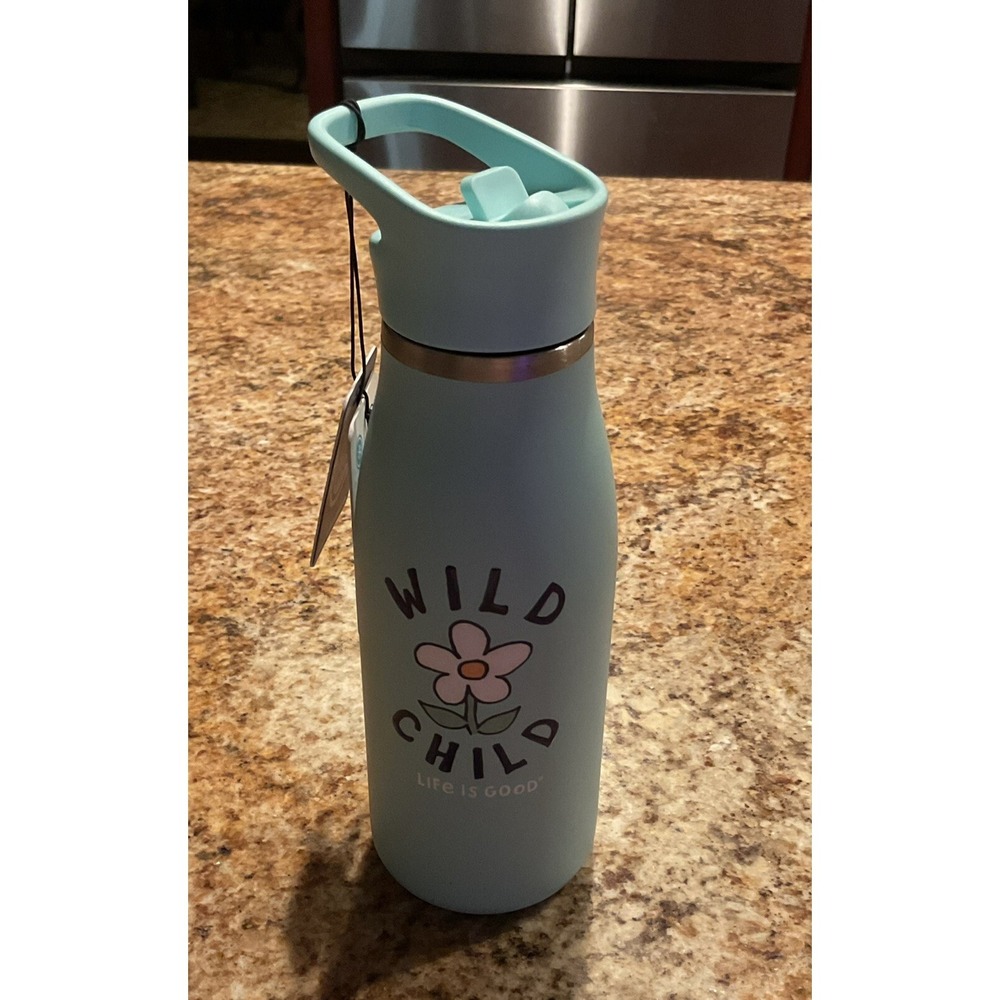 NWT Life is Good Stainless Steel Kids Water Bottle 14oz W/Straw Blue Wild Child